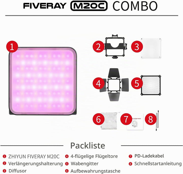 ZHIYUN Fiveray M20C Combo [Official] Videolicht RGB 20W, LED Streaming Licht, Magnetisch Videoleucht