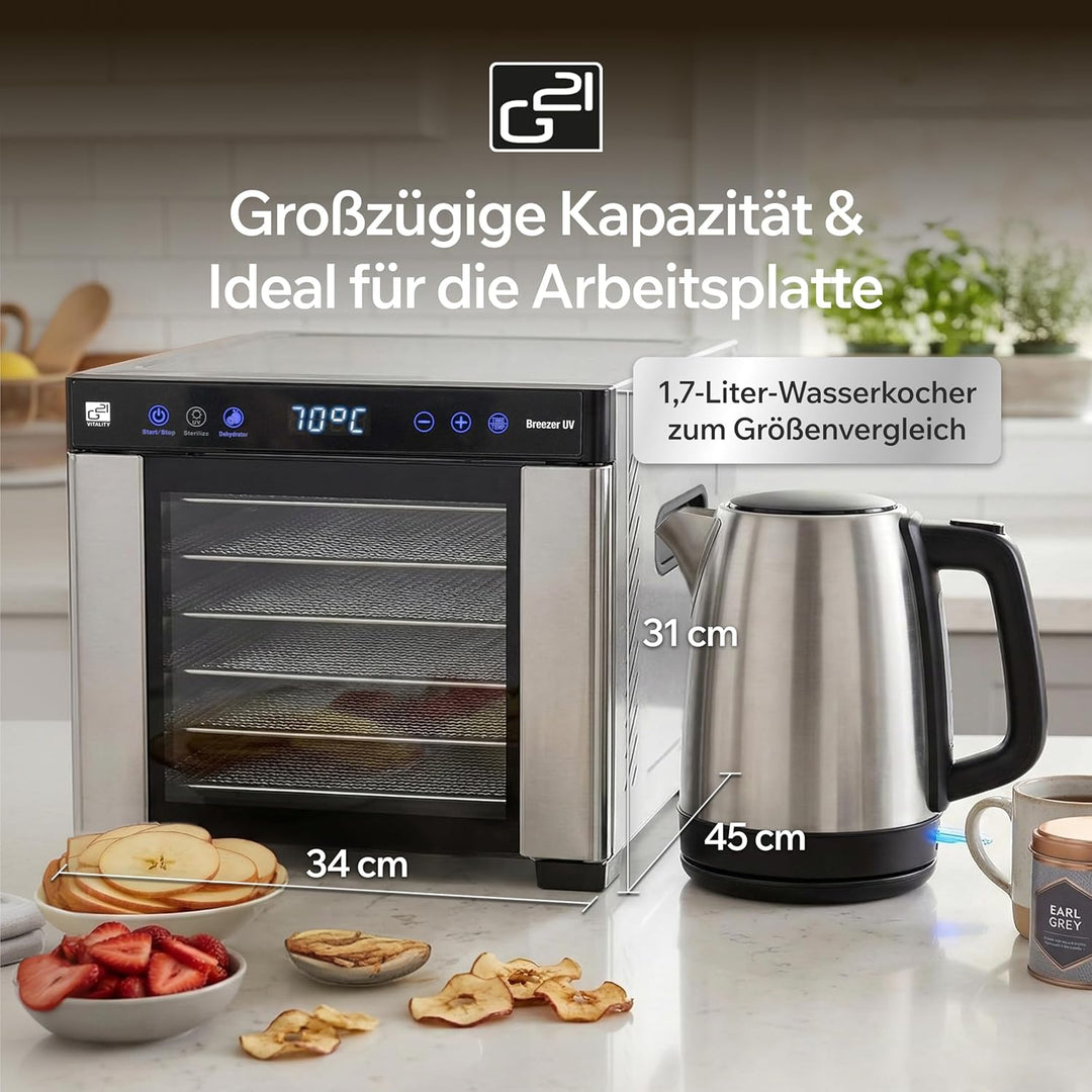 Dörrautomat/Obsttrockner G21 Breezer mit UV-Funktion, Edelstahl, 650 W, Zeitschaltuhr, 6 Trockenplat