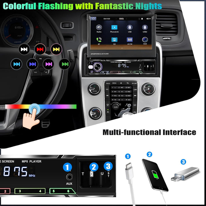 CAMECHO Autoradio 1 Din Wireless Carplay mit 7 Zoll Touchscreen Bluetooth Radio Manuelle Ausfahrbare