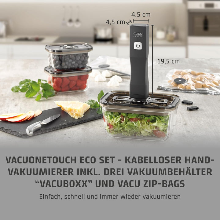 CASO Vacu OneTouch Eco-Set, Handvakuumierer inkl. 3 Vakuumbehälter aus Glas, 10 ZIP-Beutel und Food