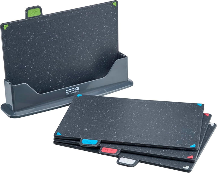 Cooks Professional Index Schneidebrettset Vier Schneidebretter aus Kunststoff mit Aufbewahrungskoffe