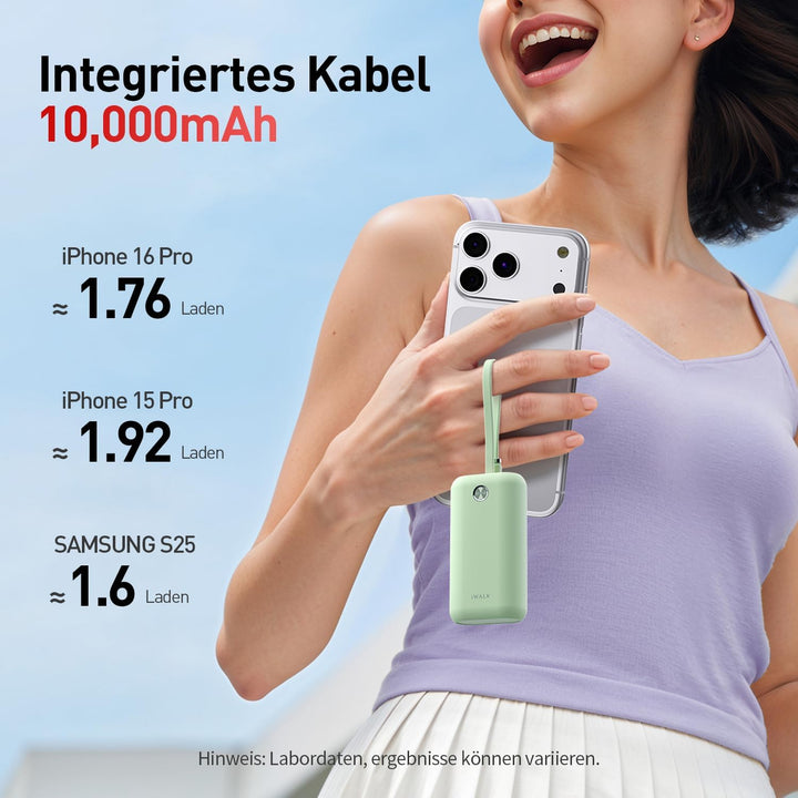 iWALK Mini Tragbares Ladegerät 10000 mAh, 22,5W USB-C Powerbank mit integriertem Kabel, Ultra-kompak
