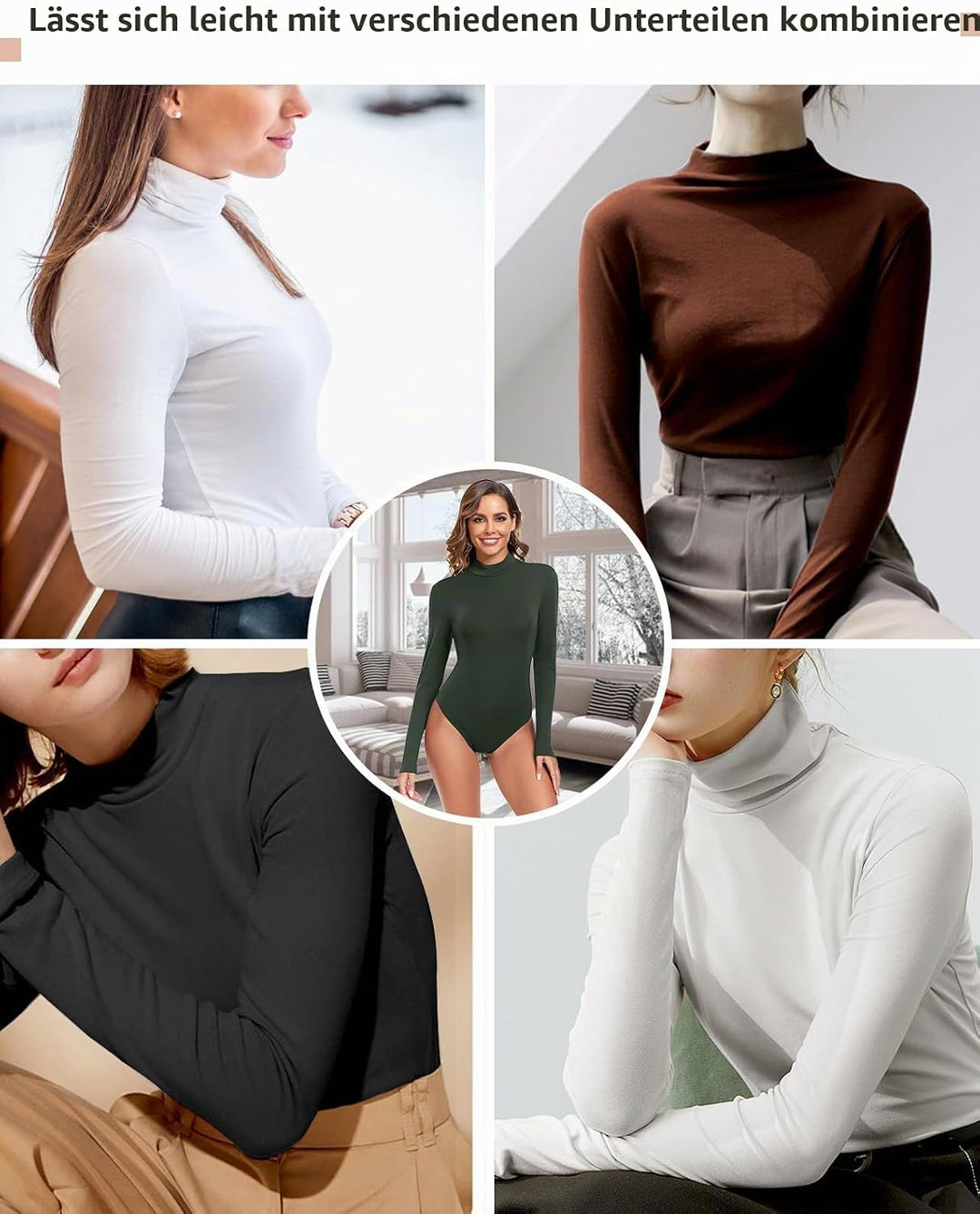 WOWENY Damen Body Langarm mit Stehkragen - Thermo Bodysuit Fleece Oberteile Shirts Rolli Pullover Ro