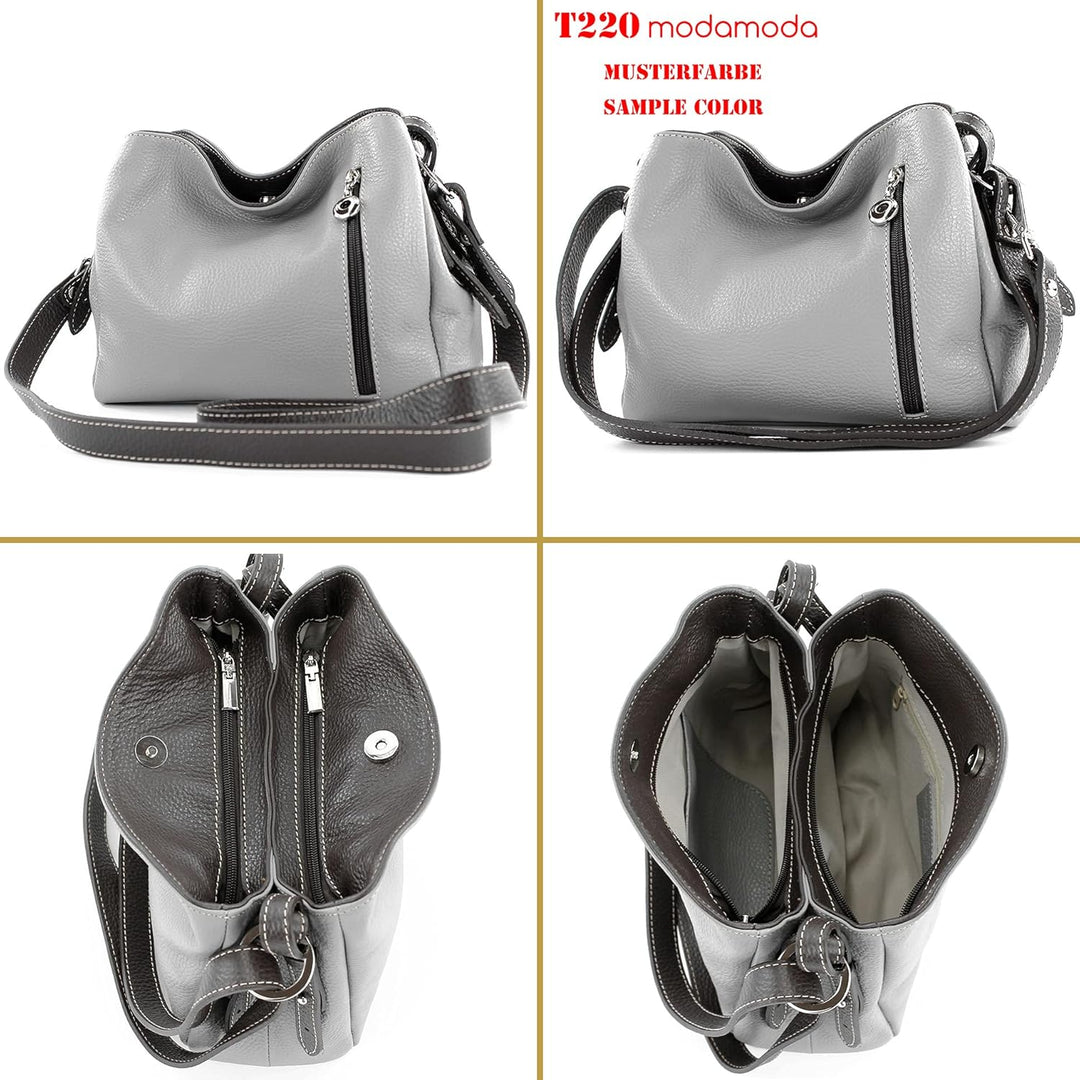 modamoda de - T220 - ital. Schultertasche Klein aus Echtleder Schokobraun, Schokobraun