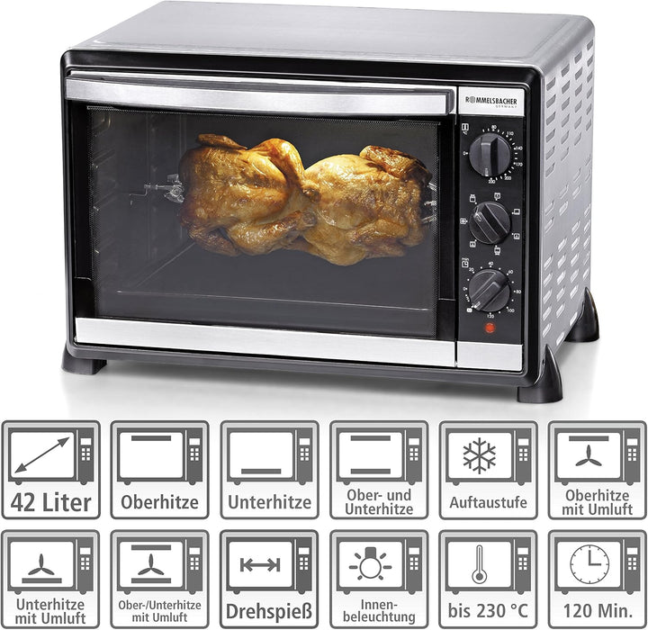 ROMMELSBACHER Back & Grill Ofen BG 1805/E - 42 Liter Backraum, 7 Heizarten, Umluft, Drehspiess, Temp