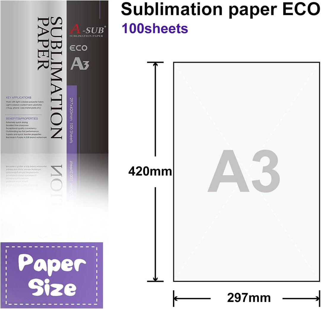 A-SUB Sublimationspapier A3, 297x420 mm, 500 Blatt, kompatibel mit EPSON, SAWGRASS, RICOH, Brother S
