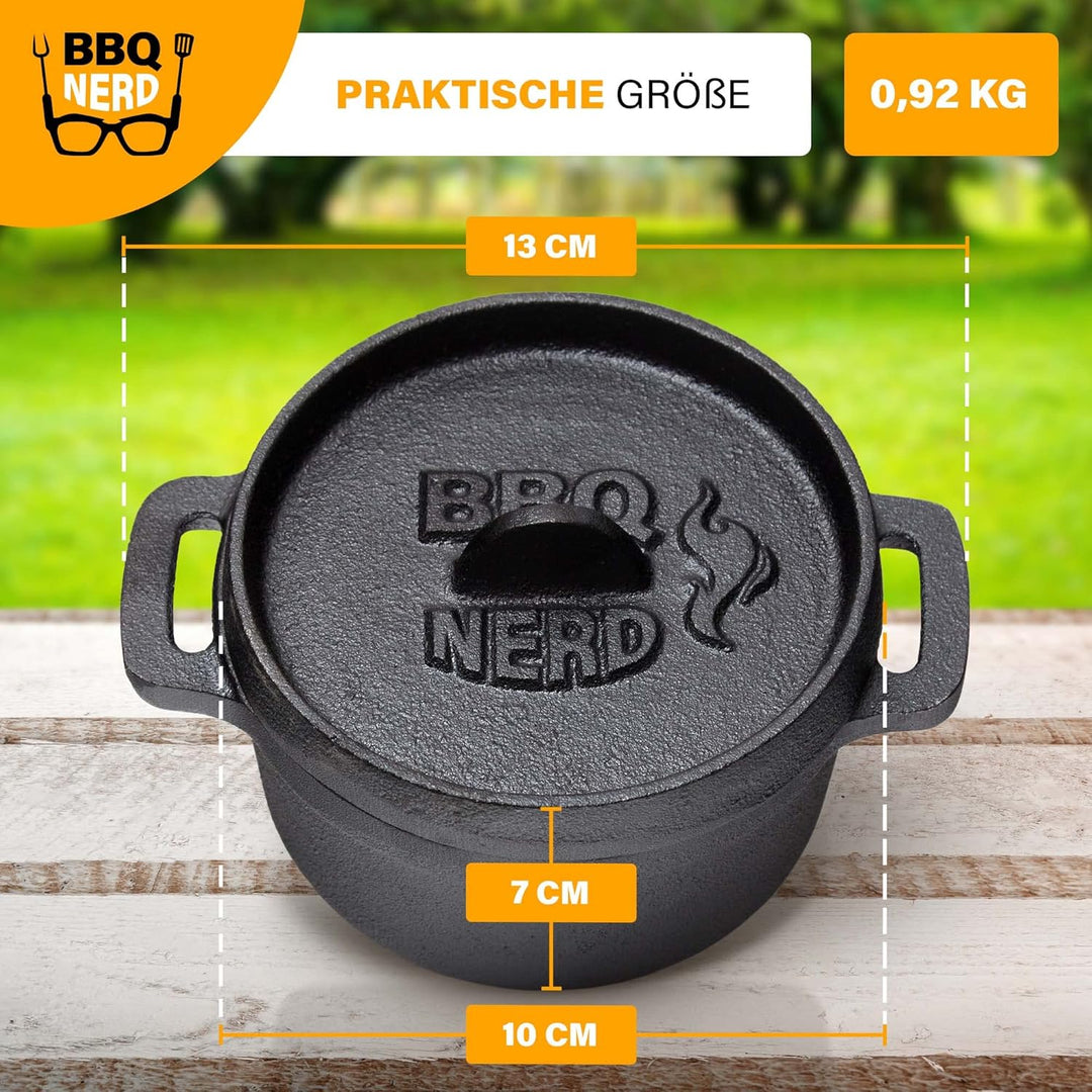 BBQ-Nerd© 6er Set Mini Dutch Oven | Kleiner Gusseisentopf mit Deckel 11x5cm für Grill, Feuerstelle,