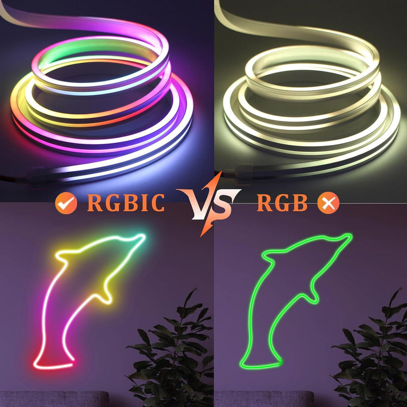 WIFI RGBIC Neon LED Streifen 3m, 12V Dimmbar Neon LED Strip Aussenbereich, 96LED/M, APP Steuerbar, I