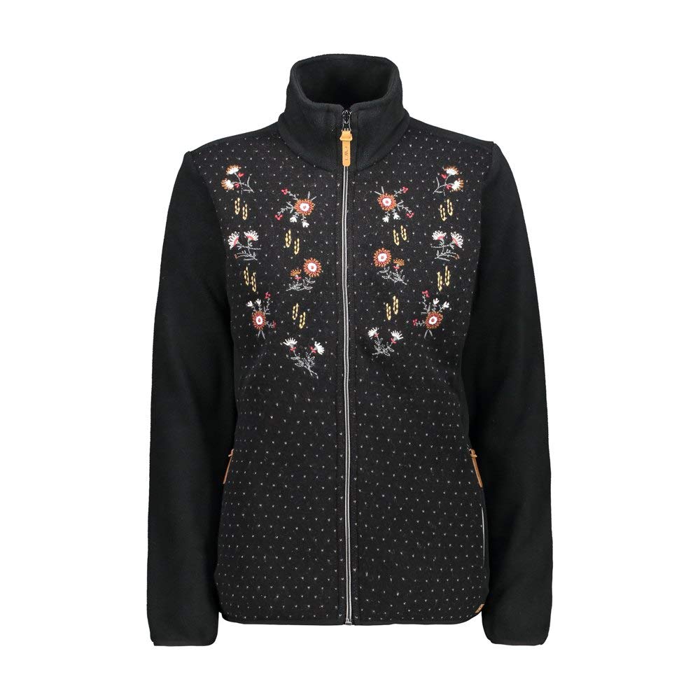 CMP Fleecejacke mit gestickten Blumen, Damen 44 Schwarz, 44 Schwarz