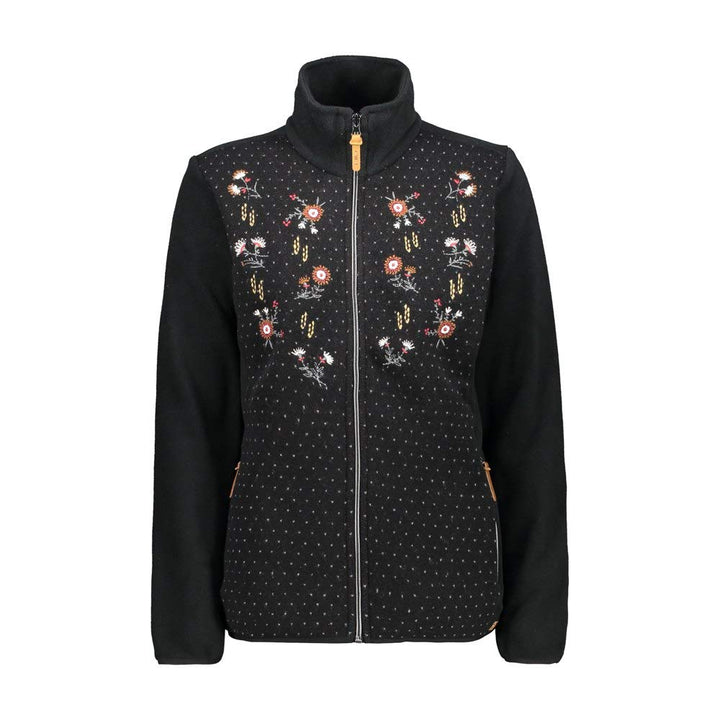 CMP Fleecejacke mit gestickten Blumen, Damen 44 Schwarz, 44 Schwarz