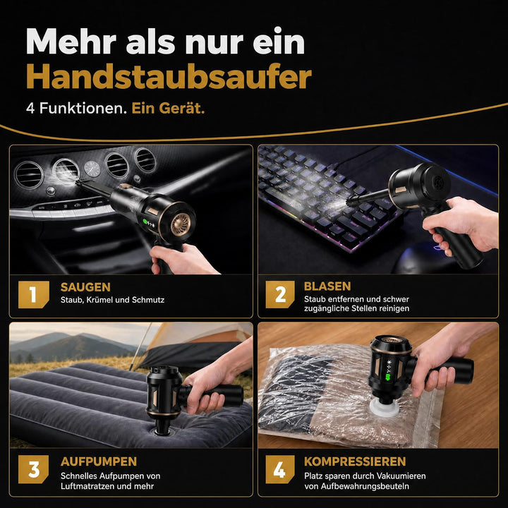 Handstaubsauger Akku 27000 Pa | 4-in-1 Auto Staubsauger mit Bürstenlosem Motor, Druckluftgebläse, Lu