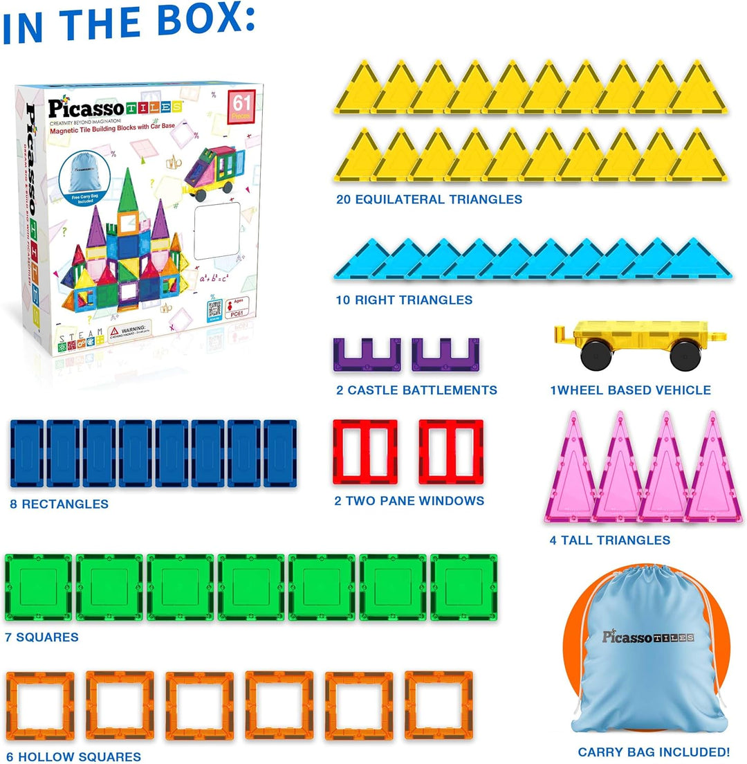 PicassoTiles Magnet-Bausteine mit Auto-Basis, Aufbewahrungstasche mit Kordelzug, Reisetasche, Trag