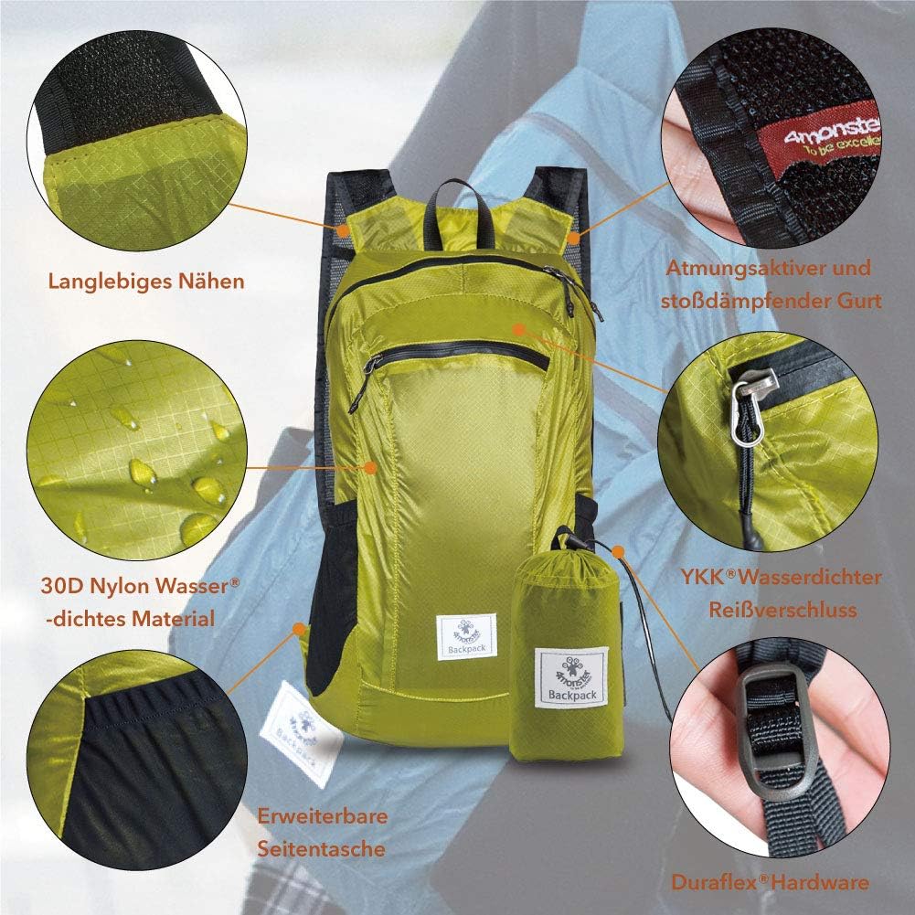 4Monster Faltbarer Rucksack Ultra Leicht, Unisex Tagesrucksack Outdoor, Wasserdichter Wanderrucksack