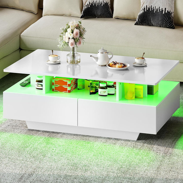 YITAHOME Couchtisch Weiss, Wohnzimmertisch Hochglanz mit 16-Farbiger LED Beleuchtung Modern, Beistel