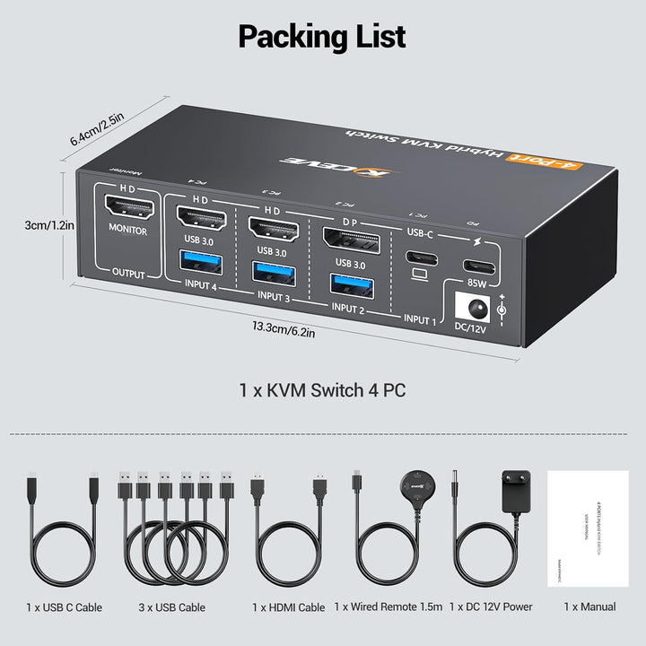 KVM Switch 4 PC 1 Monitor HDMI USB-C DP, 4K@60Hz EDID USB3.0 KVM Switch 4 Port für 4 Computer Teilen