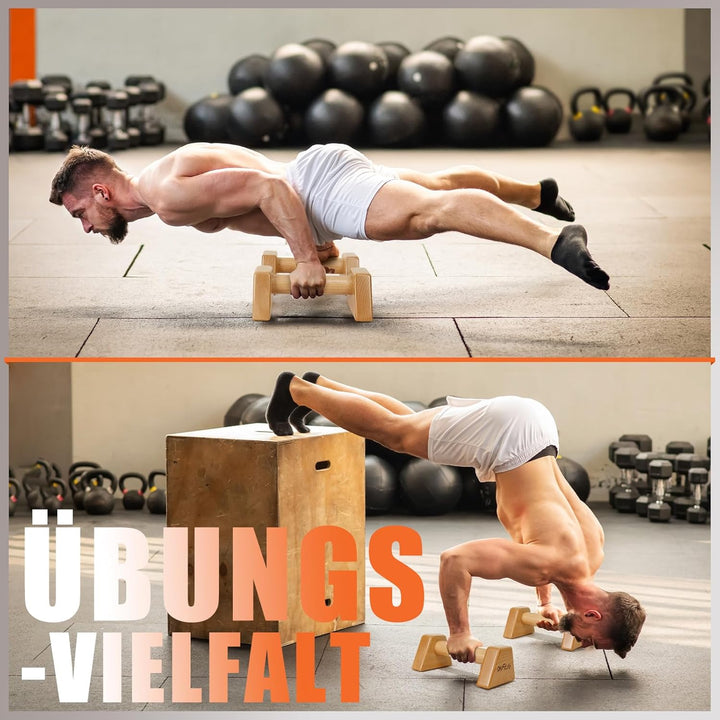 DH FitLife Liegestützgriffe aus Holz - 2x gelenksschonende & rutschfeste Handstand-Griffe | Parallet
