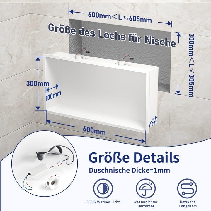 Wandnische Dusche Edelstahl mit LED Downlight, 60 cm x 30 cm, Wasserdicht - Keine Fliesen Erforderli