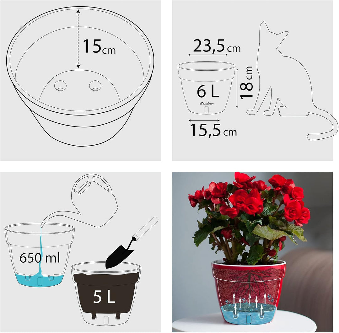 Santino ASTI 3er Set 23CM Selbstwässernder Blumentopf mit Wasserstandsanzeiger für Anlagen, Blumen,