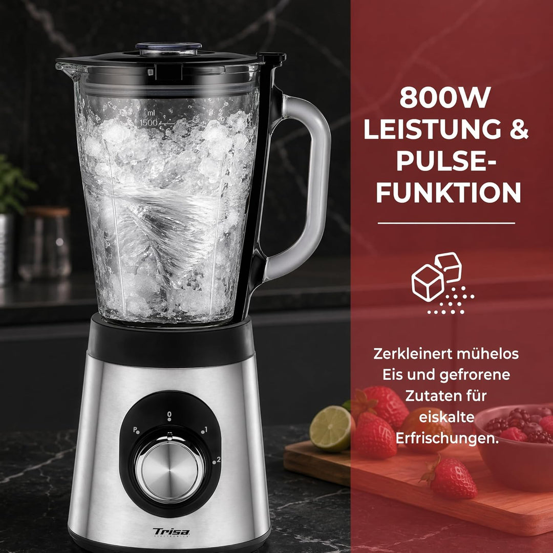 Trisa Standmixer Royal Crush 800W | Hochleistungs-Smoothie-Maker mit 1,5L Glasbehälter | Ice Crusher