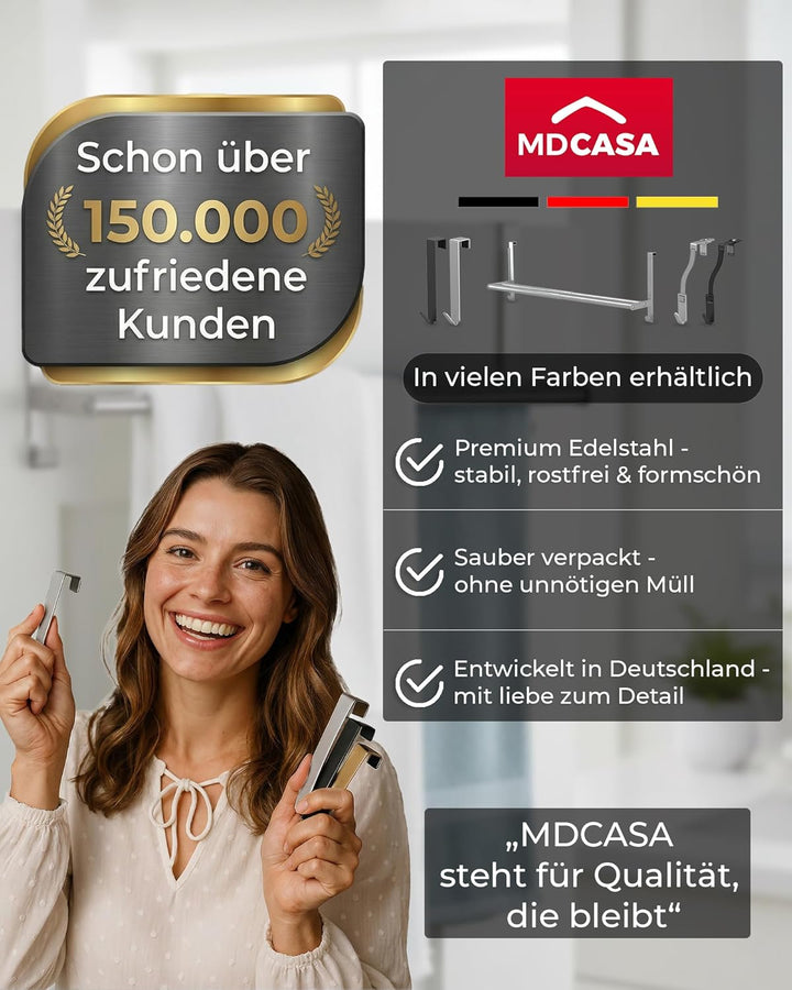 MDCASA Handtuchstange I Handtuchhalter ohne Bohren & verstellbar inkl. Kratzschutz I Stabiler Handtu