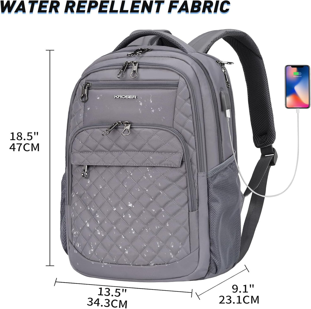 KROSER Laptop Rucksack 17-17,3'' Business Rucksack Schulrucksack 17.3" Gesteppt Grau, 17.3" Gesteppt
