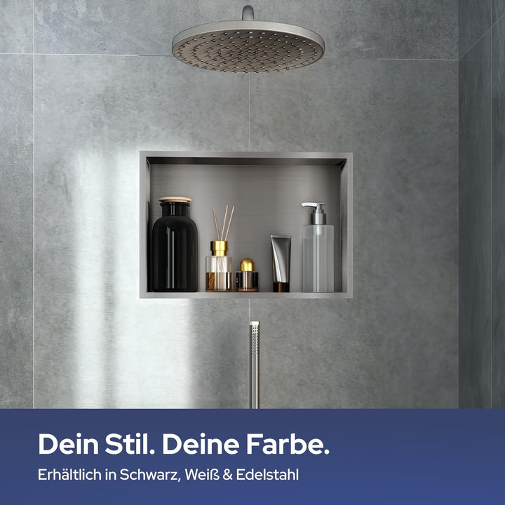 VILSTEIN Wandnische Dusche 30x90 cm [ROSTFREI] - Randlose Duschnische - Wandnische Silber - Einbaure