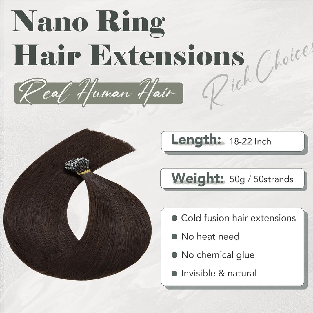Rich Choices Nanoring Extensions 40cm #2 Dunkelbraun - Unsichtbare Haarverlängerung Echthaar Remy Se