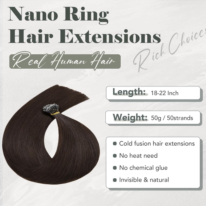 Rich Choices Nanoring Extensions 40cm #2 Dunkelbraun - Unsichtbare Haarverlängerung Echthaar Remy Se