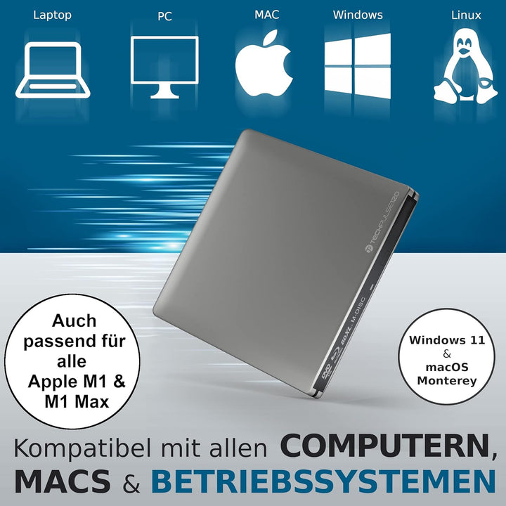 techPulse120 USB 3.0 Typ-C externer Blu-ray Brenner 3D M-Disc BDXL 100GB Burner Superdrive Blueray L