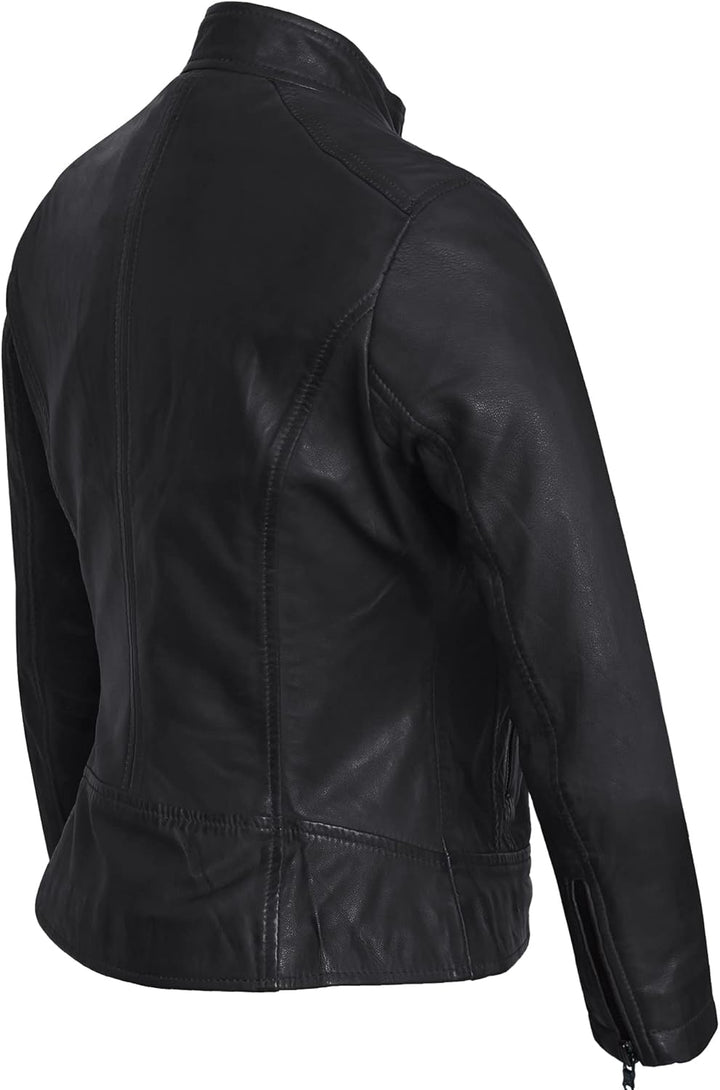 Bluepiel Damen Lederjacke KLARA Bikerjacke mit Stehkragen - Modernen Echtleder Jacke aus Lammnappa L