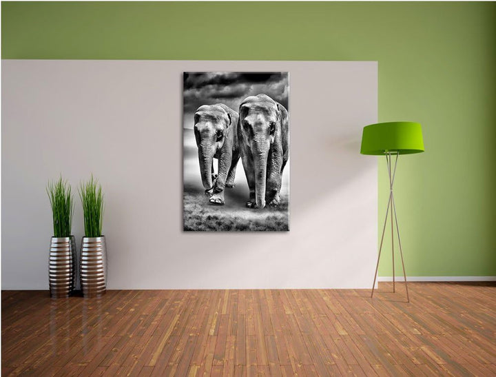 Pixxprint Elefanten in Steppe als Leinwandbild/Grösse: 100x70 / Wandbild/Kunstdruck/fertig bespannt,