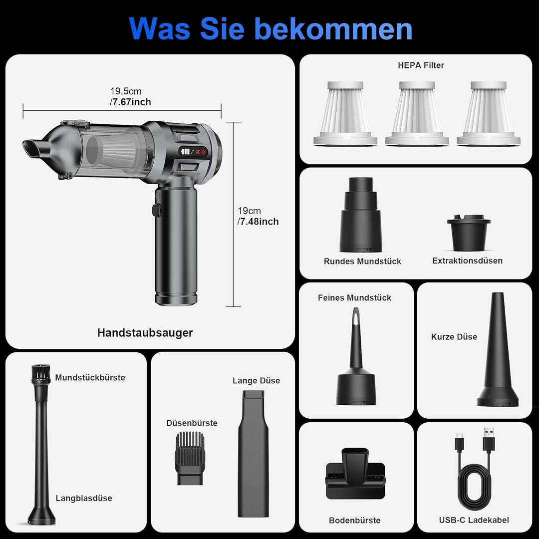 Handstaubsauger, 26000 Pa 4-In-1 Mini Staubsauger Akku Kabellos mit Digitalanzeige 1-Knopf-Selbstent