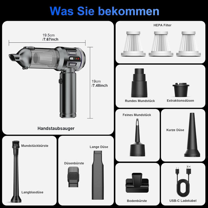 Handstaubsauger, 26000 Pa 4-In-1 Mini Staubsauger Akku Kabellos mit Digitalanzeige 1-Knopf-Selbstent