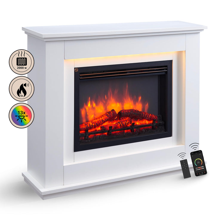 RICHEN Baldur Elektrokamin - Standkamin mit Heizung bis 2000W, 3D-Flammeneffekt, LED-Beleuchtung, Kn