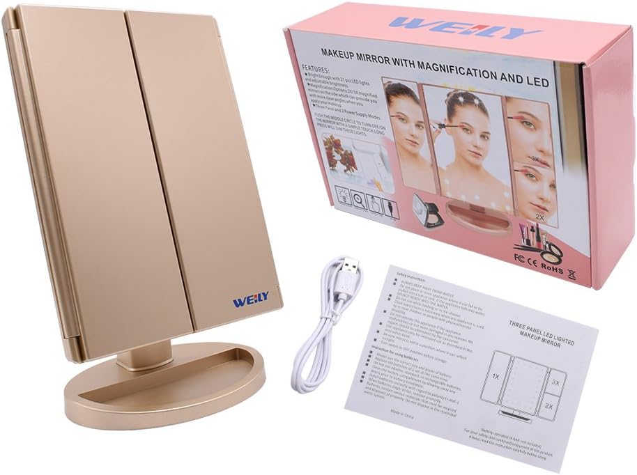 WEILY Schminkspiegel mit Beleuchtung, Faltbare Kosmetikspiegel mit 1X/2X/3X Vergrösserung, Schminksp