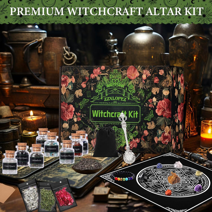 ZZXLOPEZ Starter Witch Kit 122 Stück Witchcraft Kit, Kerzen Kleine, Trockenblumen, Kristallen, Messl