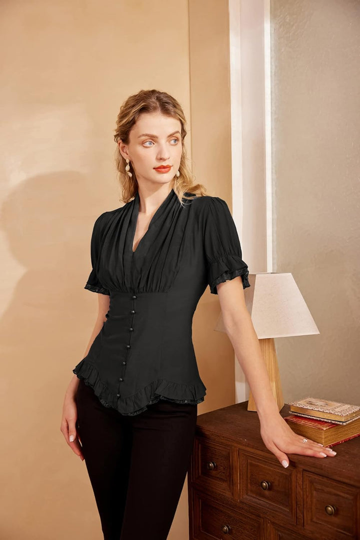 SCARLET DARKNESS Damen Rüschenbluse Mittelalter Spitzen Shirt Gothic Bluse für Party Oberteil Schwar
