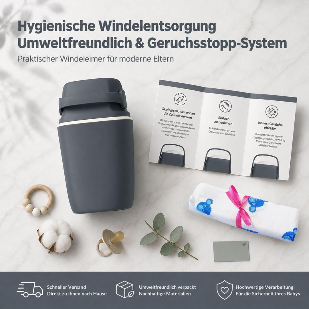 AirWell Windeleimer Geruchsdicht &amp; Windel Blaubaer - Wickeleimer, mit Geruchsstopp-System, Einhändig