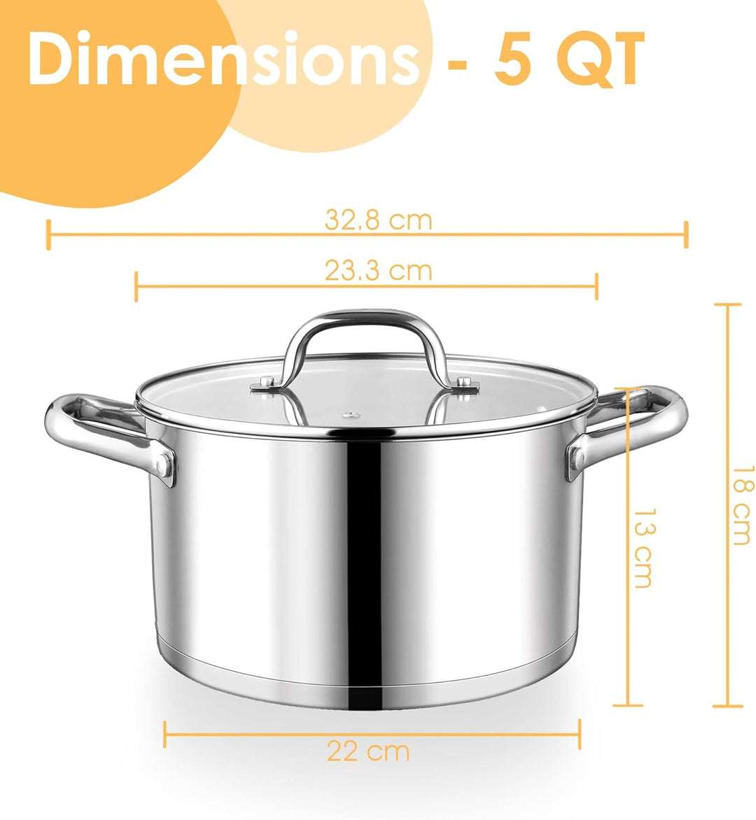 Herogo Kochtopf 22 cm, 5 L Edelstahl Suppentopf Induktion Topf mit Glasdeckel, Nudeltopf Fleischtopf