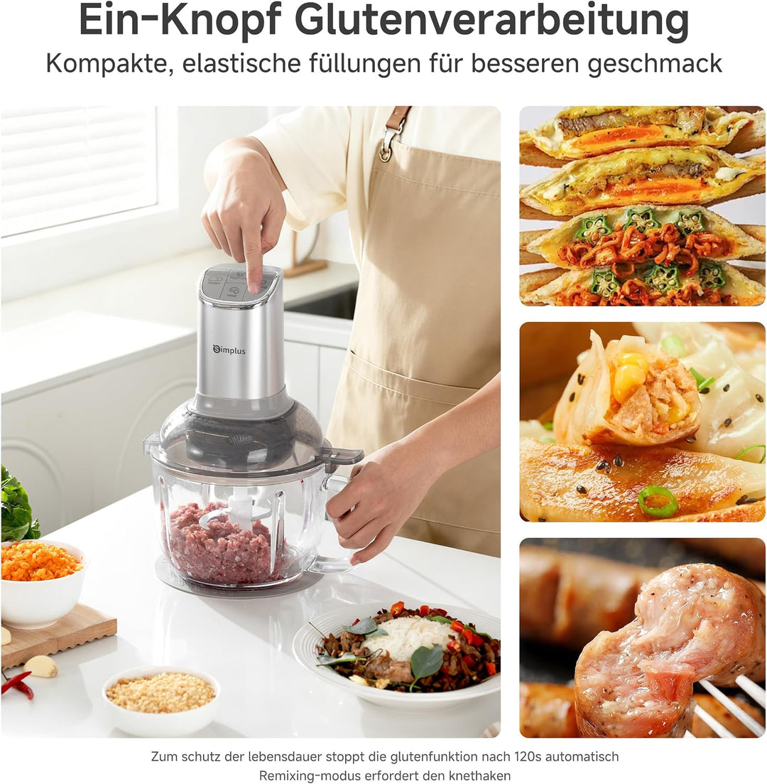 SIMPLUS Universalzerkleinerer mit Teigknetfunktion, 300W Elektrisch, 2.5L Glasbehälter, Multifunktio