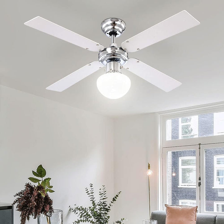 Globo E27 Deckenventilator mit Chrom Klingen, silberfarben/Weiss 105 cm Wendeblätter