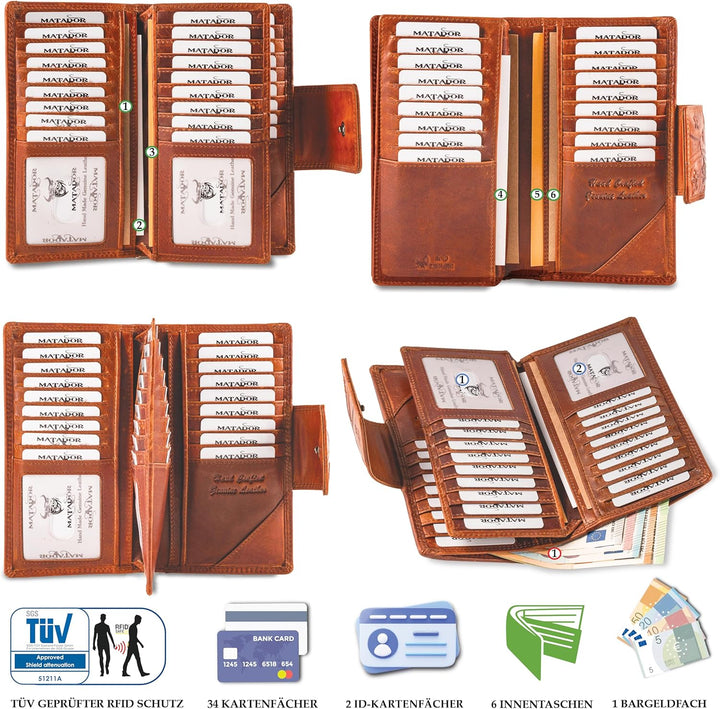 MATADOR Echt Leder Damen Geldbörse Frauen Brieftasche Gross Tüv Geprüfter RFID Schutz 36 Kartenfäche