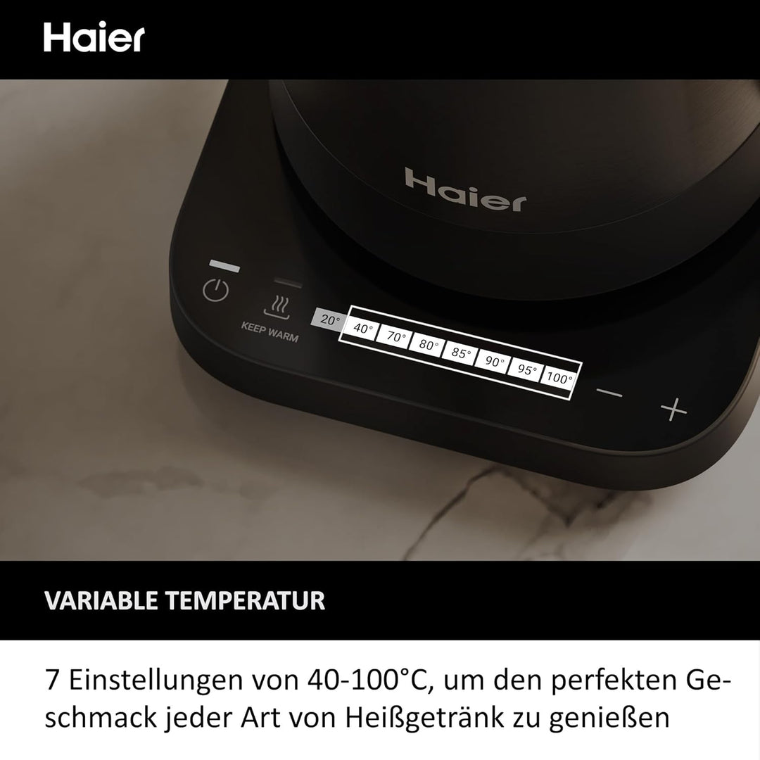 Haier Wasserkocher mit Temperatureinstellung aus Edelstahl 1,7 Liter I Energiesparender Kettle mit 7