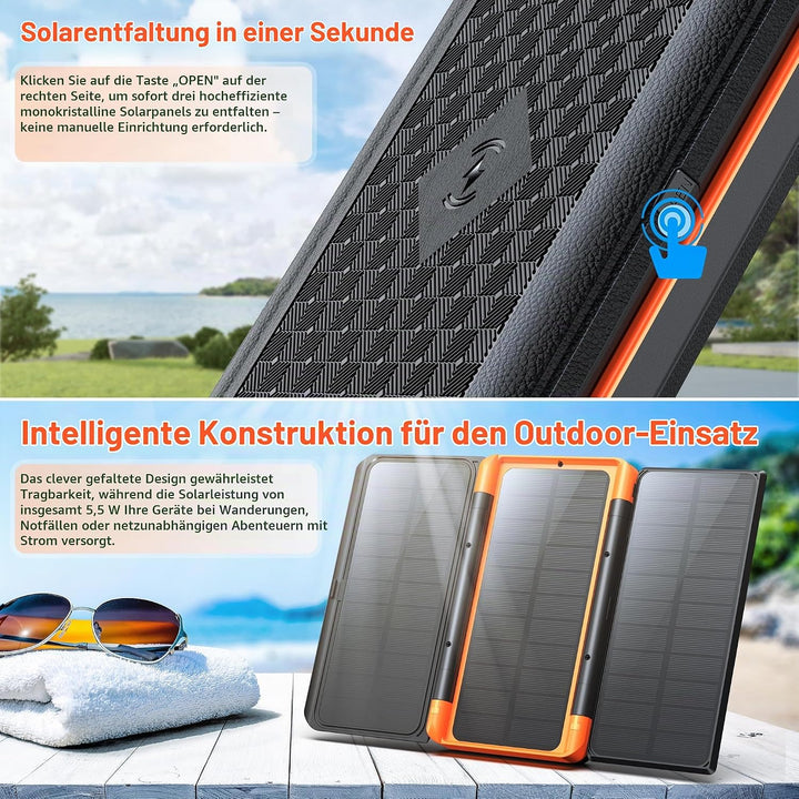 63200mAh Solar Power Bank, Wireless Powerbank mit 3 Solarpanel Faltbar, 22.5W PD Schnellladung, 5 An