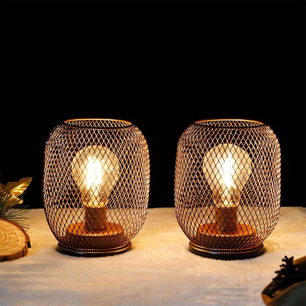 TRIROCKS Set Von 2 Batteriebetriebene Tischlampe Metallkäfig Kabellose Laterne Mit LED Birne Oval Vi