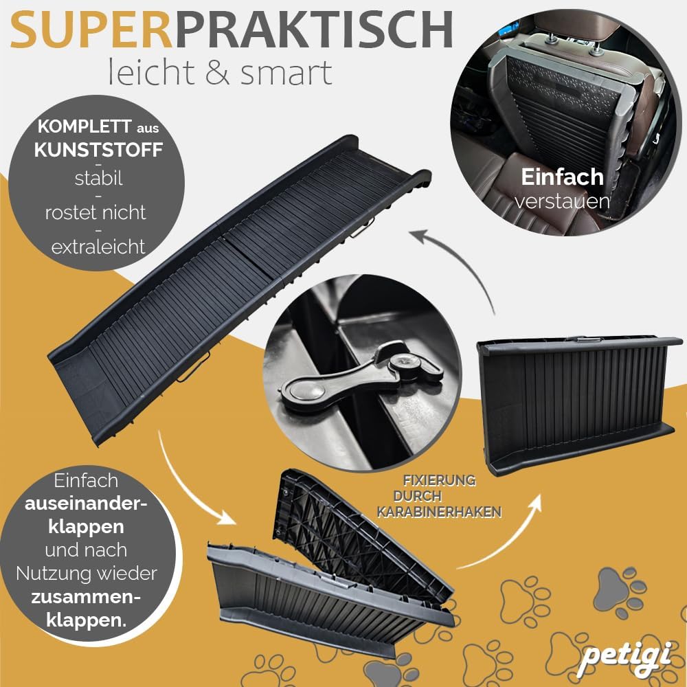 Kunststoff Hunderampe 154 cm, 70 kg Belastbarkeit klappbar für Auto Hunde Rampe Hundetreppe Einstieg