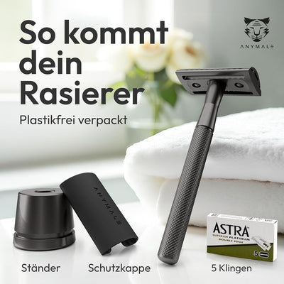 ANYMALE® Rasierhobel Black Edition - Set mit Ständer und 5 ASTRA Klingen - Zero Waste Rasierer für D