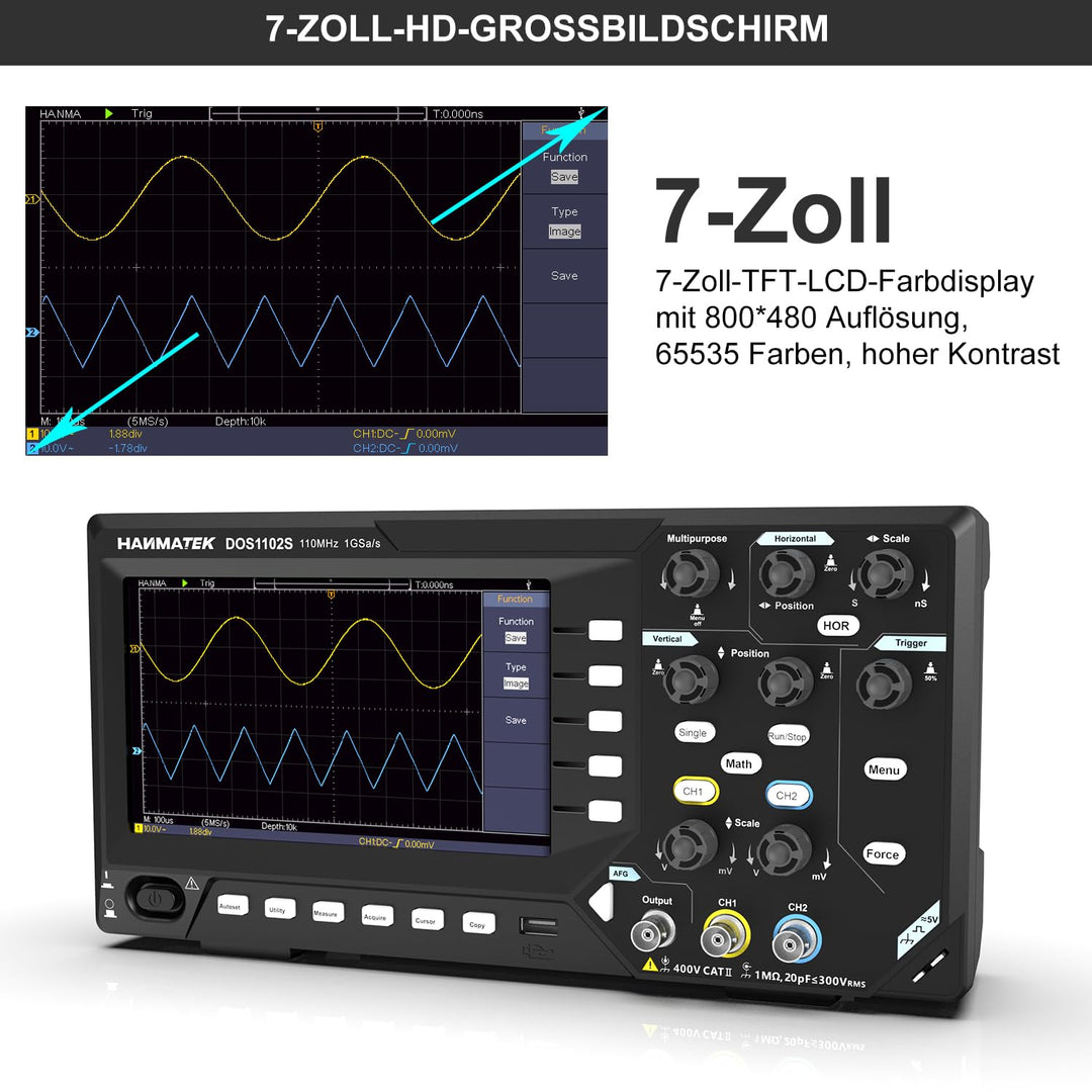 HANMATEK 2 in1 DOS1102S Digitales Speicheroszilloskop mit integriertem Wellenformgenerator, 110MHz B