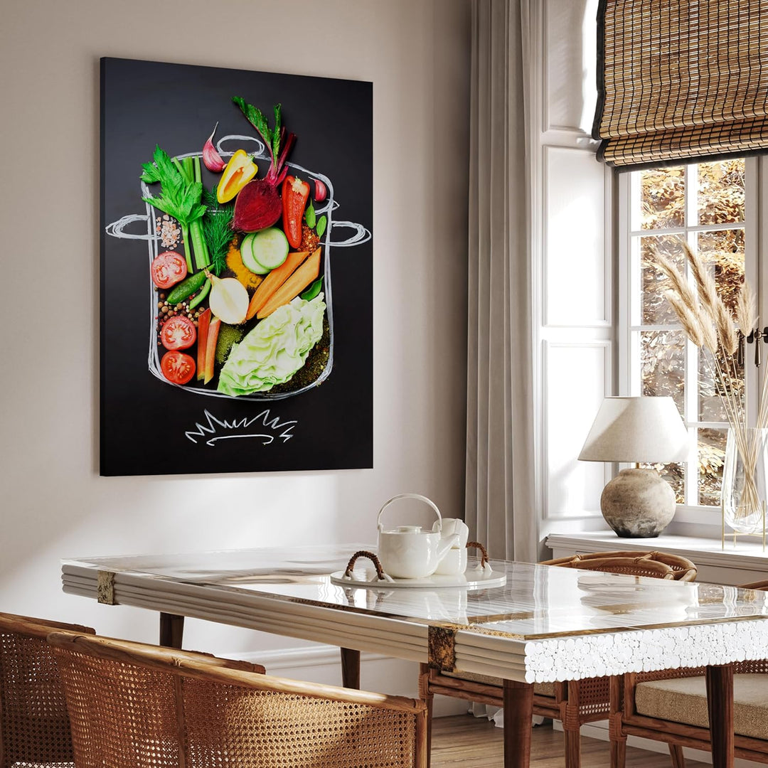 wandmotiv24 Obst & Gemüse als Leinwandbild, 60x45cm, Hochformat, Gemüse, Kochtopf, Salat, Küche, Leb