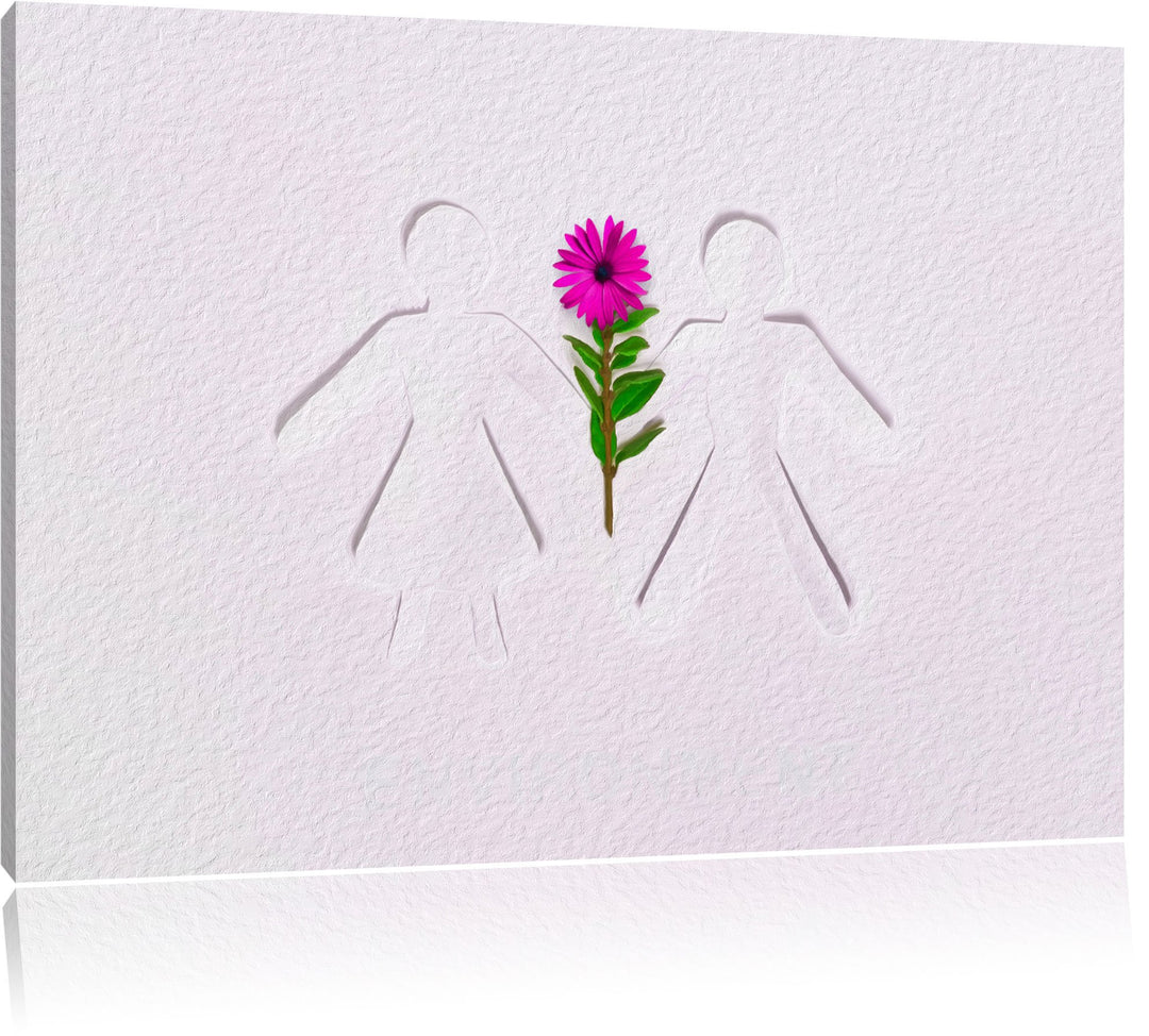 Strichmännchen mit Blume schwarz/weiss Format: 100x70 auf Leinwand, XXL riesige Bilder fertig gerahm